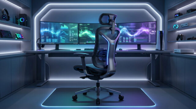 Chaise de bureau ergonomique moderne au centre d'un setup de jeu futuriste avec écrans et éclairage LED bleu.