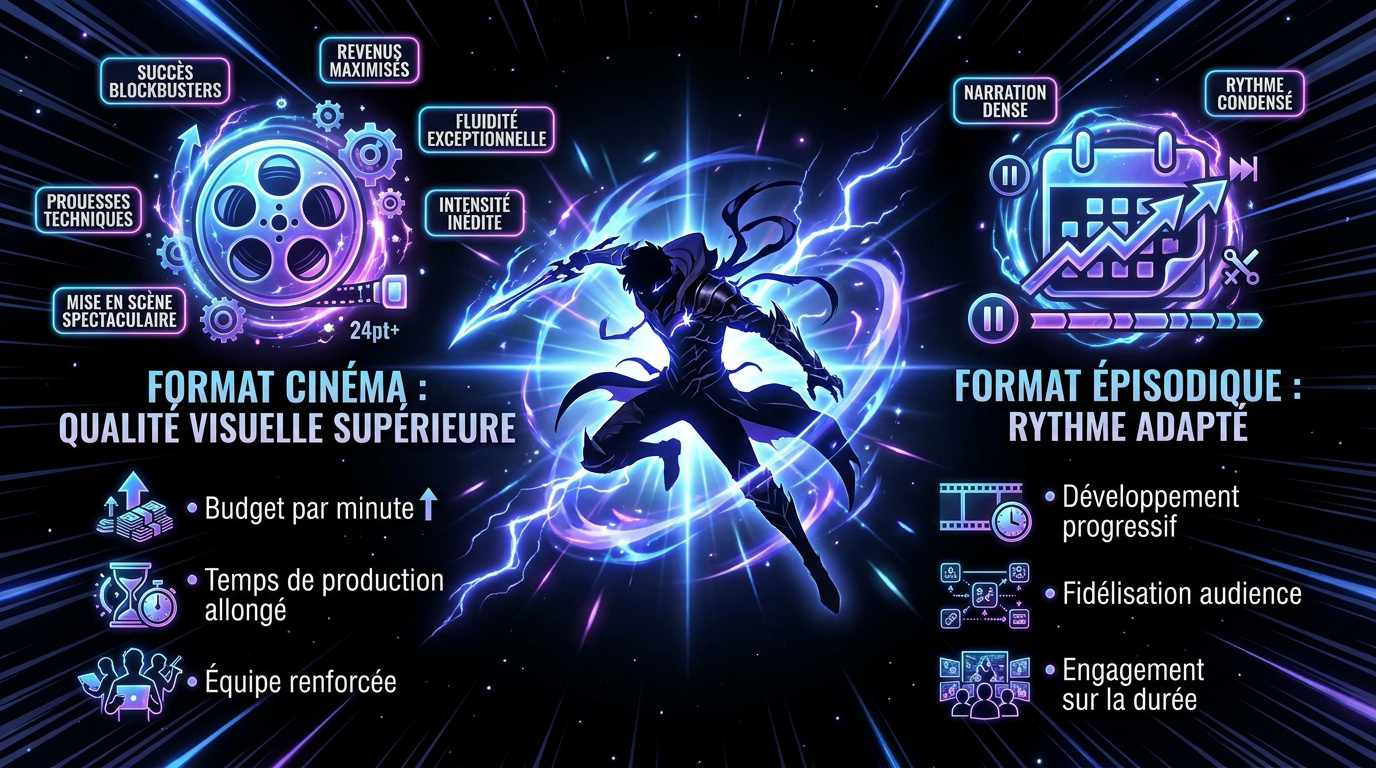 Comparaison entre le format série épisodique et le format cinéma pour Solo Leveling