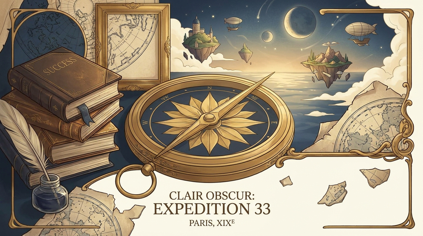 Illustration artistique de l'univers Clair Obscur Expedition 33 mélangeant Belle Époque et surréalisme