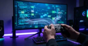 Mains tenant une manette de jeu devant un écran affichant des données réseau avec des effets de flux lumineux.