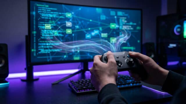 Mains tenant une manette de jeu devant un écran affichant des données réseau avec des effets de flux lumineux.