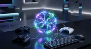 Une sphère d'énergie électrique connectée à diverses manettes de jeu et un clavier sur une table sombre.
