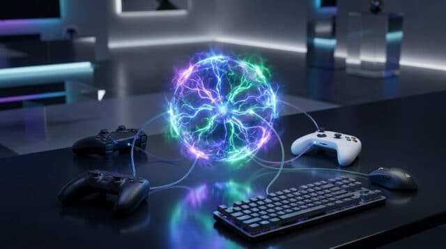 Une sphère d'énergie électrique connectée à diverses manettes de jeu et un clavier sur une table sombre.