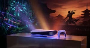 Console PlayStation 5 et manette DualSense posées sur un meuble devant un décor de guerrier samouraï et une jungle.