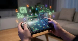 Mains tenant une console portable avec des icônes de jeux rétro et des éléments en pixel art flottant au-dessus.