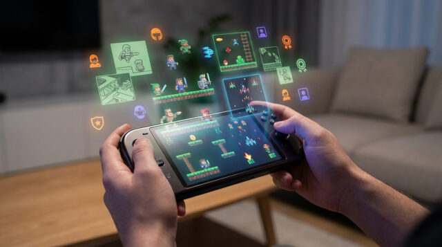 Nouveautés Nintendo Switch Online 2026 Mains tenant une console portable avec des icônes de jeux rétro et des éléments en pixel art flottant au-dessus.