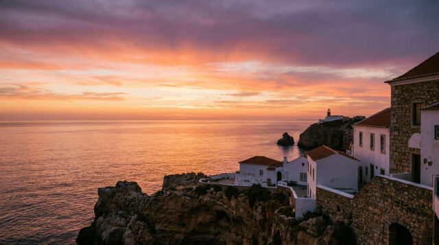 Coucher de soleil spectaculaire sur les côtes portugaises Village côtier pittoresque surplombant l'océan lors d'un coucher de soleil aux teintes violettes et orangées.