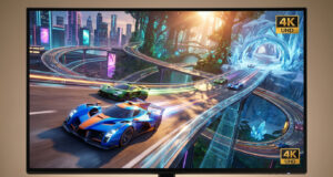 Un écran de PC affichant un jeu de course futuriste en 4K UHD avec des voitures colorées sur un circuit complexe.