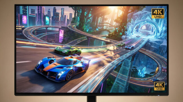Un écran de PC affichant un jeu de course futuriste en 4K UHD avec des voitures colorées sur un circuit complexe.