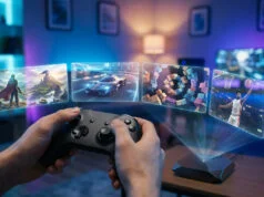 Jeux gratuits PlayStation : 5 titres à tester sans PS Plus Mains tenant une manette projetant des écrans de jeux vidéo holographiques dans une pièce à l'éclairage néon.