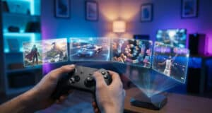 Mains tenant une manette projetant des écrans de jeux vidéo holographiques dans une pièce à l'éclairage néon.