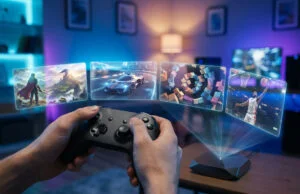 Mains tenant une manette projetant des écrans de jeux vidéo holographiques dans une pièce à l'éclairage néon.