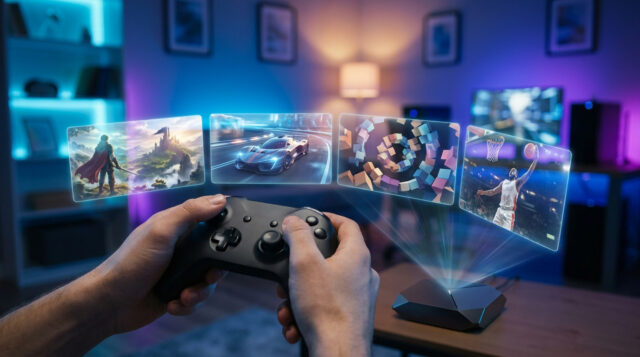 Jeux PlayStation gratuits sans PS Plus Mains tenant une manette projetant des écrans de jeux vidéo holographiques dans une pièce à l'éclairage néon.