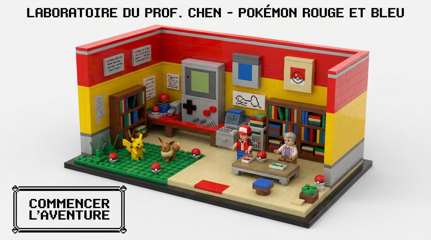 Diorama LEGO représentant le laboratoire du Professeur Chen avec Pikachu et Évoli