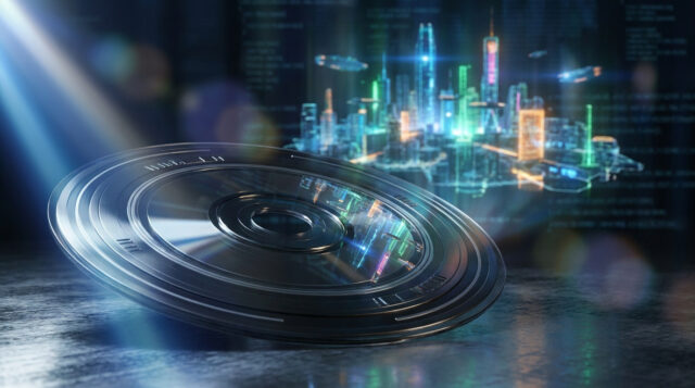 Un disque optique brillant posé sur une surface sombre, avec une ville futuriste holographique projetée en arrière-plan.