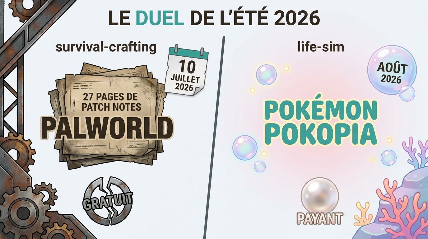 Comparaison visuelle entre les mises à jour de Palworld 1.0 et Pokémon Pokopia pour l'été 2026