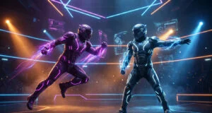 Deux personnages futuristes en armures technologiques s'affrontent dans une arène lumineuse aux néons violets et bleus.