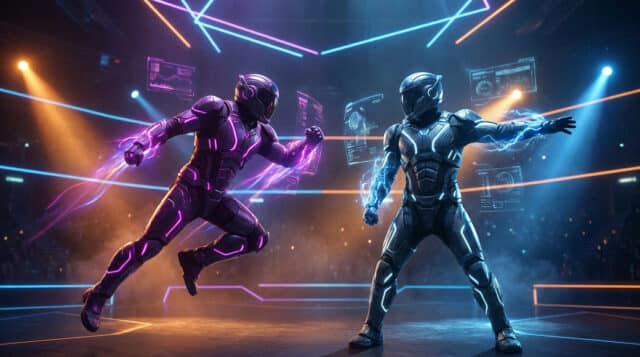Deux personnages futuristes en armures technologiques s'affrontent dans une arène lumineuse aux néons violets et bleus.