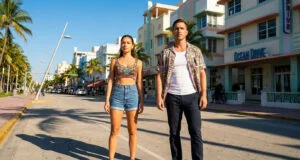 Lucia et Jason debout sur une rue ensoleillée inspirée de Miami, typique de l'univers de GTA 6.
