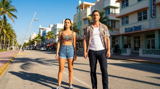Lucia et Jason debout sur une rue ensoleillée inspirée de Miami, typique de l'univers de GTA 6.
