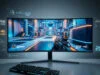 Paramètres graphiques CS2 2026 : gagnez en visibilité et en FPS Écran gaming incurvé affichant un jeu de tir à la première personne avec des interfaces numériques futuristes flottantes.