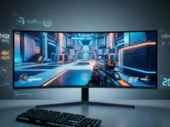 Paramètres graphiques CS2 2026 : gagnez en visibilité et en FPS Écran gaming incurvé affichant un jeu de tir à la première personne avec des interfaces numériques futuristes flottantes.