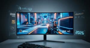 Écran gaming incurvé affichant un jeu de tir à la première personne avec des interfaces numériques futuristes flottantes.