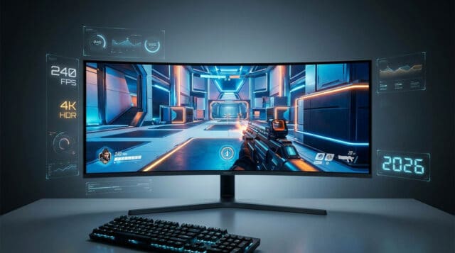 Paramètres graphiques CS2 2026 : optimisez vos performances Écran gaming incurvé affichant un jeu de tir à la première personne avec des interfaces numériques futuristes flottantes.