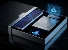 Coffret collector noir et argenté contenant un boîtier métallique et des éléments technologiques futuristes holographiques.