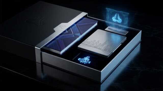 Coffret collector noir et argenté contenant un boîtier métallique et des éléments technologiques futuristes holographiques.