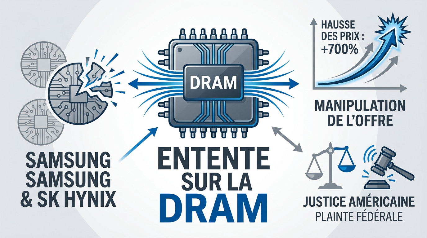 Justice américaine et logos des géants de la DRAM