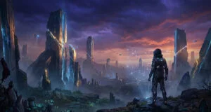 Un explorateur futuriste regarde une interface holographique devant des monolithes rocheux sous un ciel crépusculaire.