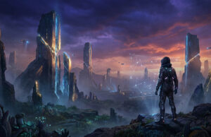 Expedition 33 sur Switch 2 : le RPG phénomène lancé en 2026 Un explorateur futuriste regarde une interface holographique devant des monolithes rocheux sous un ciel crépusculaire.