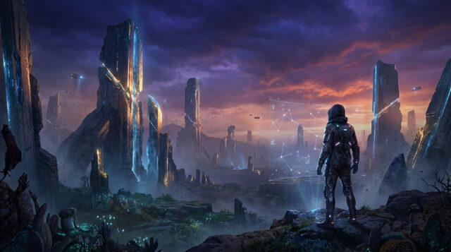 Expedition 33 : Un monde mystérieux sur Switch 2 Un explorateur futuriste regarde une interface holographique devant des monolithes rocheux sous un ciel crépusculaire.