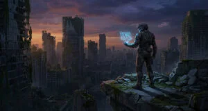 Un soldat en armure regarde une carte holographique au-dessus d'une ville en ruines envahie par la végétation.