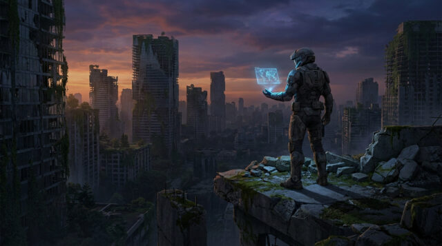 Un soldat en armure regarde une carte holographique au-dessus d'une ville en ruines envahie par la végétation.