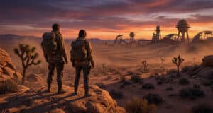 Deux survivants équipés de sacs à dos contemplent un désert post-apocalyptique au coucher du soleil.