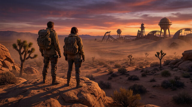 Fallout New Vegas Online : Le désert des Mojave en 2026 Deux survivants équipés de sacs à dos contemplent un désert post-apocalyptique au coucher du soleil.