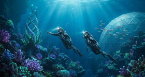 Deux plongeurs équipés de combinaisons futuristes explorent un récif corallien extraterrestre près d'un dôme sous-marin.