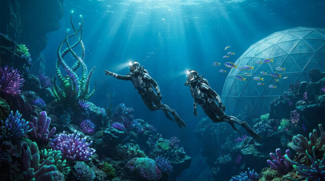 Deux plongeurs équipés de combinaisons futuristes explorent un récif corallien extraterrestre près d'un dôme sous-marin.