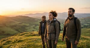 Trois randonneurs contemplent le coucher de soleil sur des collines vallonnées.