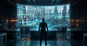 Un personnage futuriste observant une ville technologique sur un écran panoramique dans une salle de contrôle sombre.