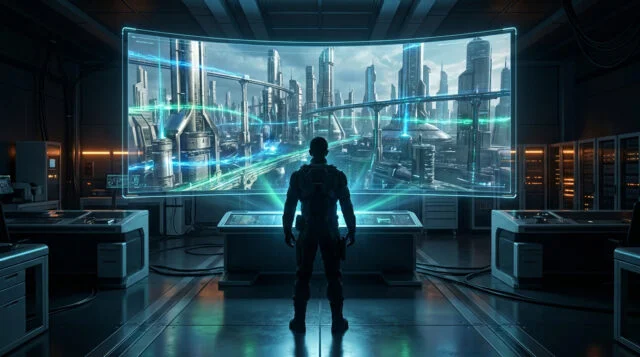 Un personnage futuriste observant une ville technologique sur un écran panoramique dans une salle de contrôle sombre.