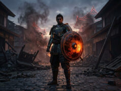 Nioh 3 Hell Rising : tout sur le DLC du 19 août 2026 Un samouraï en armure tenant un bouclier ardent dans une rue dévastée et enfumée d'un village japonais médiéval.