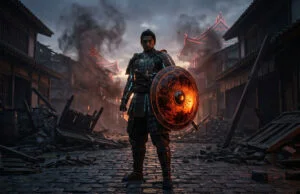 Nioh 3 Hell Rising : tout sur le DLC du 19 août 2026 Un samouraï en armure tenant un bouclier ardent dans une rue dévastée et enfumée d'un village japonais médiéval.
