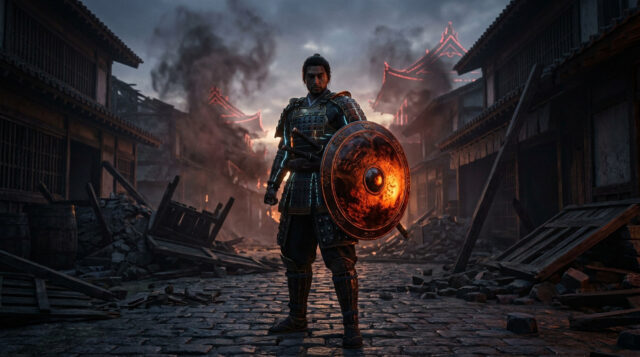 Nioh 3 Hell Rising : Le DLC en image Un samouraï en armure tenant un bouclier ardent dans une rue dévastée et enfumée d'un village japonais médiéval.