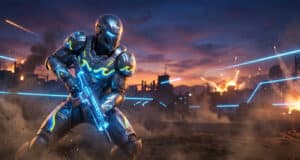 Soldat futuriste en armure néon bleue sur un champ de bataille chaotique avec des explosions au coucher du soleil.