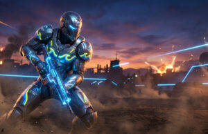Soldat futuriste en armure néon bleue sur un champ de bataille chaotique avec des explosions au coucher du soleil.