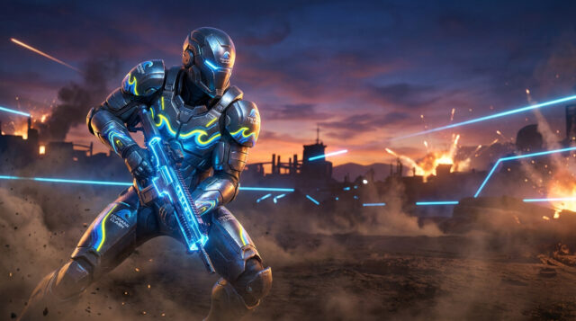 Pack Tsunami Battlefield 6 : Bonus PS Plus Soldat futuriste en armure néon bleue sur un champ de bataille chaotique avec des explosions au coucher du soleil.