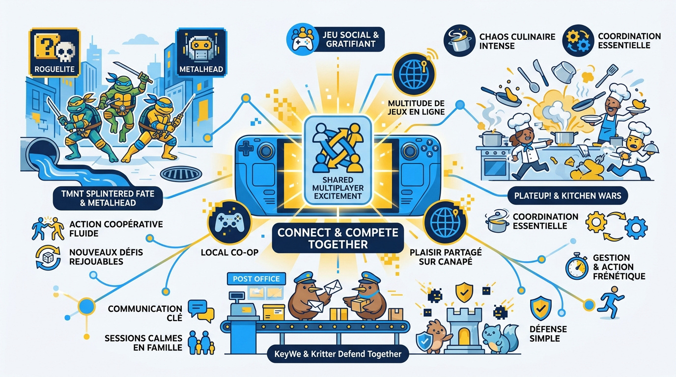 Illustration de personnages jouant en coopération sur une console portable